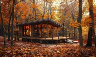 A cozy modern wooden cabin surrounded by colorful autumn foliage photo