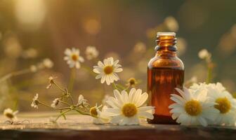 Chamomile essential oil in a dropper bottle, closeup view, skin care cosmetic background photo