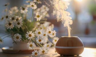 Chamomile essential oil diffuser in a cozy room, aromatherapy photo