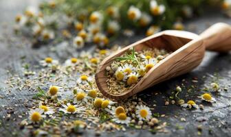Chamomile tea leaves in a wooden scoop photo