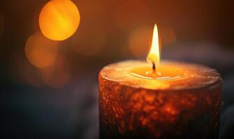 Close-up of a candle's gentle flicker illuminating a serene setting photo