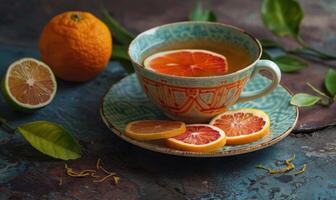 Bergamot tea with fresh citrus fruits slices photo