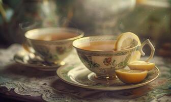 Black tea with lemon in vintage teacups photo