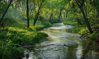 un tranquilo orilla del río forrado con en ciernes arboles y vibrante verdor. primavera naturaleza antecedentes foto