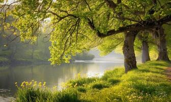 un tranquilo orilla del río forrado con en ciernes arboles y vibrante verdor. primavera naturaleza antecedentes foto