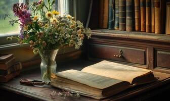 antiguo escritorio con un abierto antiguo libro y un florero de flores silvestres foto