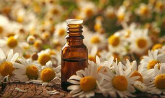 Chamomile essential oil in a dropper bottle, closeup view, skin care cosmetic background photo