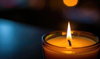 Close-up of a candle's gentle flicker illuminating a serene setting photo