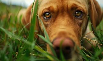 Close-up of a curious Labrador puppy exploring a grassy field photo