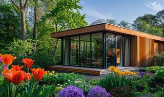 A contemporary wooden cabin with large windows overlooking a serene spring garden filled with vibrant flowers and lush vegetation photo