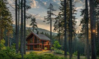 A modern wooden cabin nestled among tall pine trees in the forest photo