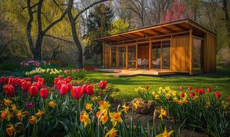 un moderno de madera cabina rodeado por floreciente tulipanes y narcisos en un vibrante primavera jardín foto