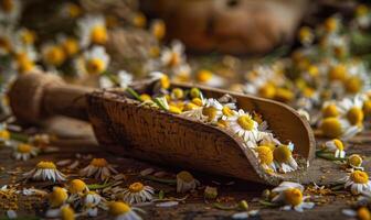 Chamomile tea leaves in a wooden scoop photo