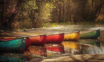 A row of colorful canoes parked beside a sparkling spring river photo