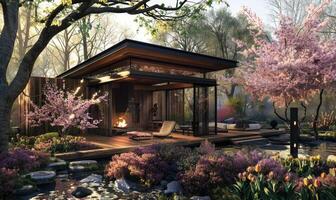 A modern wooden cabin with a cozy fireplace, surrounded by vibrant spring blossoms and lush vegetation in a garden oasis photo