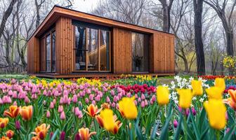 A modern wooden cabin surrounded by blooming tulips and daffodils in a vibrant spring garden photo