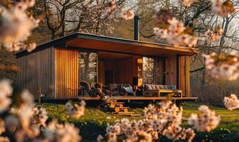 A modern wooden cabin with a cozy fireplace, surrounded by vibrant spring blossoms and lush vegetation in a garden oasis photo