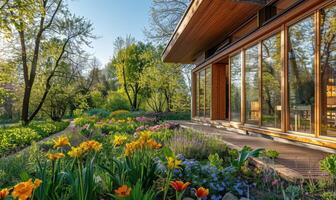 A contemporary wooden cabin with large windows overlooking a serene spring garden filled with vibrant flowers and lush vegetation photo