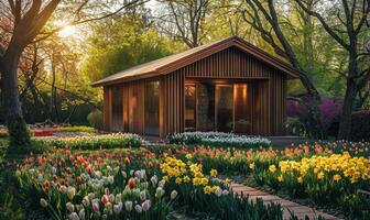 un moderno de madera cabina rodeado por floreciente tulipanes y narcisos en un vibrante primavera jardín foto