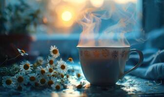 Chamomile tea cup with steam rising, closeup view of herbal tea photo