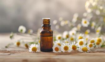 Chamomile essential oil bottle and chamomile flowers closeup, skin care cosmetic concept photo