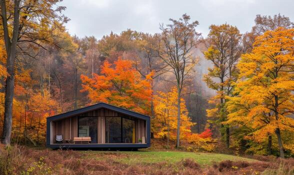 un acogedor moderno de madera cabina rodeado por vistoso otoño follaje foto