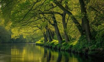 un tranquilo orilla del río forrado con en ciernes arboles y vibrante verdor. primavera naturaleza antecedentes foto