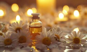 Chamomile essential oil in a dropper bottle, closeup view, skin care cosmetic background photo