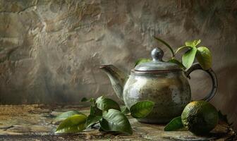 Bergamot tea leaves in a ceramic teapot, ceramic teapot, bergamot leaves and fresh lime still life photo