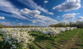 Blue skies over a blooming orchard photo