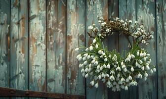 Snowdrops wreath on a wooden door photo