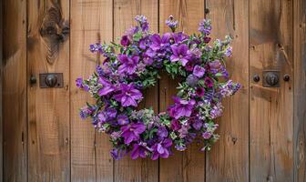 Bellflower wreath on a wooden door photo
