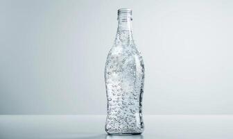 Studio shot of a transparent glass bottle mockup filled with premium quality sparkling water photo