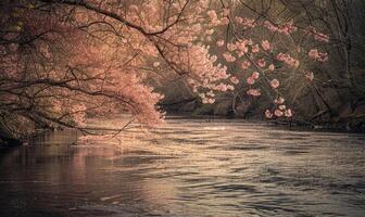 Cherry blossoms lining the banks of a gentle spring river photo