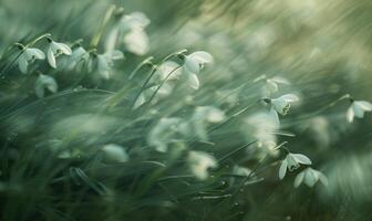 Snowdrops swaying in the breeze, close up view, soft focus, blurred background photo