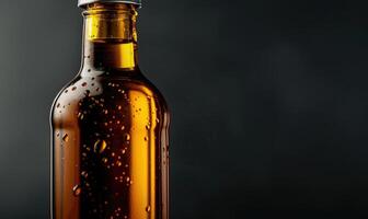 Studio shot of an amber glass bottle mockup filled with rich and aromatic cold-pressed olive oil photo