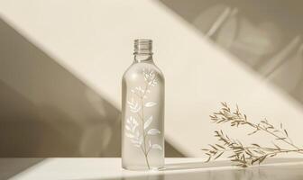 Studio shot of a crystal clear glass bottle mockup showcasing a premium quality mineral water, with droplets condensing on the surface photo