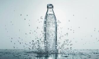 Studio shot of a transparent glass bottle mockup filled with premium quality sparkling water photo