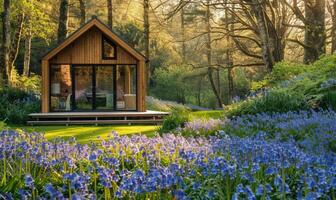 A serene modern wooden cabin surrounded by a lush carpet of bluebells and forget-me-nots in a peaceful spring garden photo