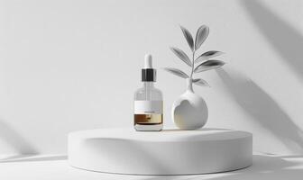 Studio shot of a minimalist glass bottle mockup containing a high-quality natural skincare serum photo