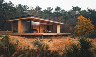 A sleek wooden cabin with a wraparound deck blending seamlessly into the natural surroundings photo