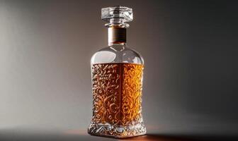 Studio shot of a premium glass bottle mockup containing a luxurious handcrafted whiskey, warm amber hue photo