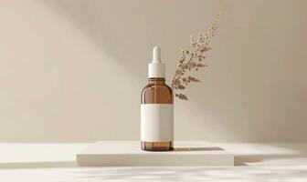 Studio shot of a minimalist glass bottle mockup containing a high-quality natural skincare serum photo