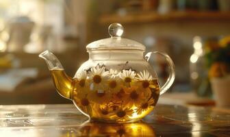 Chamomile tea being brewed in a glass teapot photo