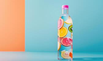 Studio shot of a vibrant glass bottle mockup showcasing a refreshing fruit-infused water photo