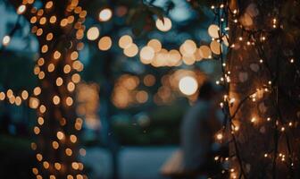 suave bokeh luces creando un romántico ambiente en un íntimo al aire libre ajuste foto