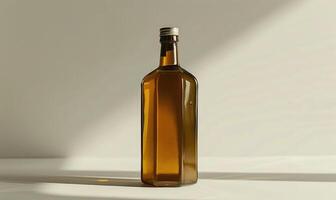 Studio shot of an amber glass bottle mockup filled with rich and aromatic cold-pressed olive oil photo