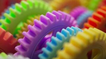 Looping 3D animation of a group of multi-colored plastic toy gears. Close-up. Defocus video