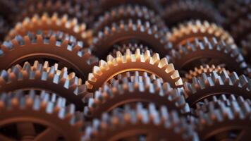 Looped 3D animation of a gear mechanism group. Close-up. Defocus video