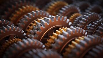 Looped 3D animation of a gear mechanism group. Close-up. Defocus video